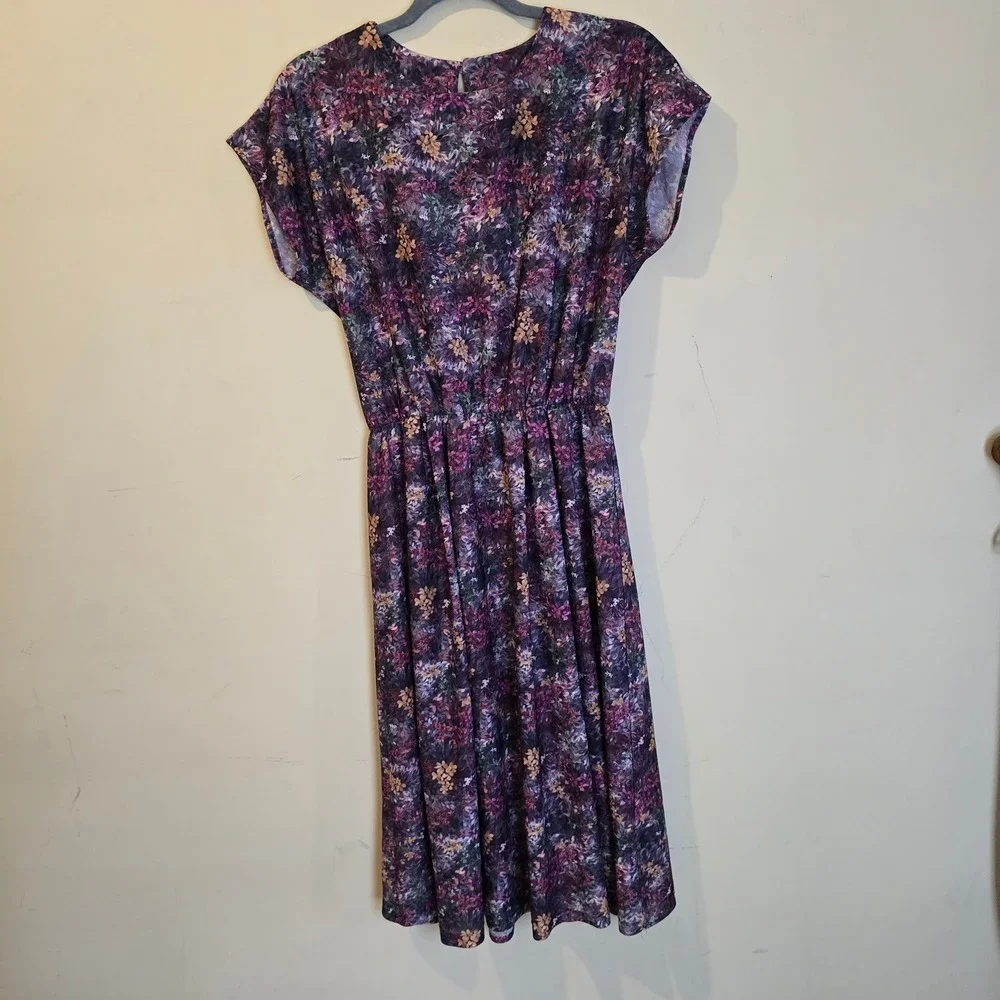 Anthony Richards Vintage Floral Midi Dress Purple Elastic Waist Made in USA 10